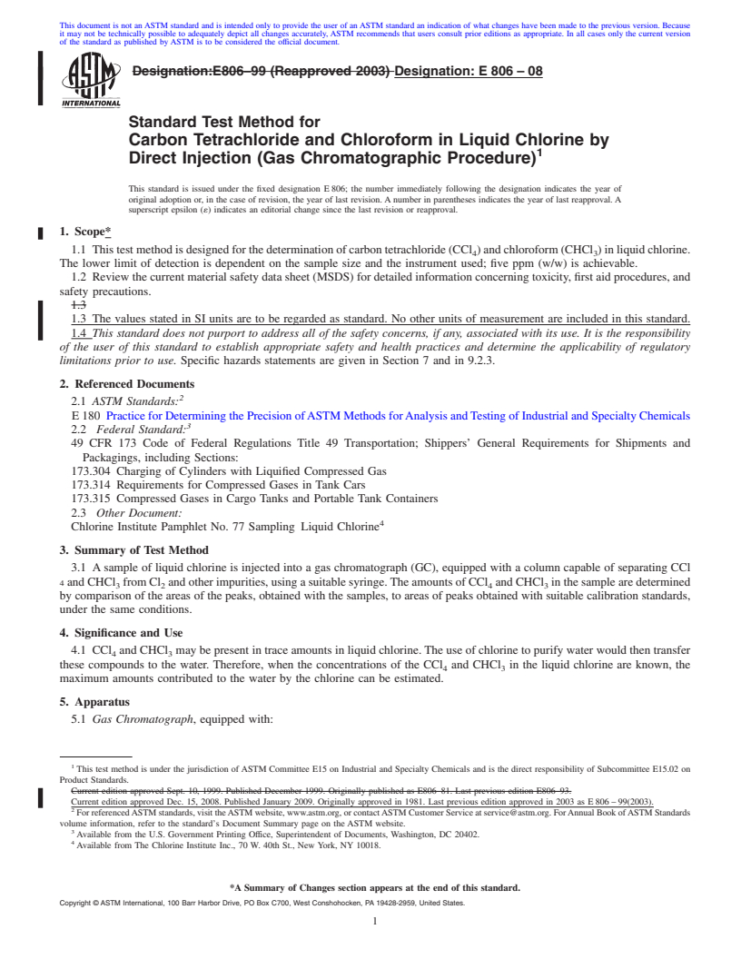 REDLINE ASTM E806-08 - Standard Test Method for Carbon Tetrachloride and Chloroform in Liquid Chlorine by Direct Injection (Gas Chromatographic Procedure)