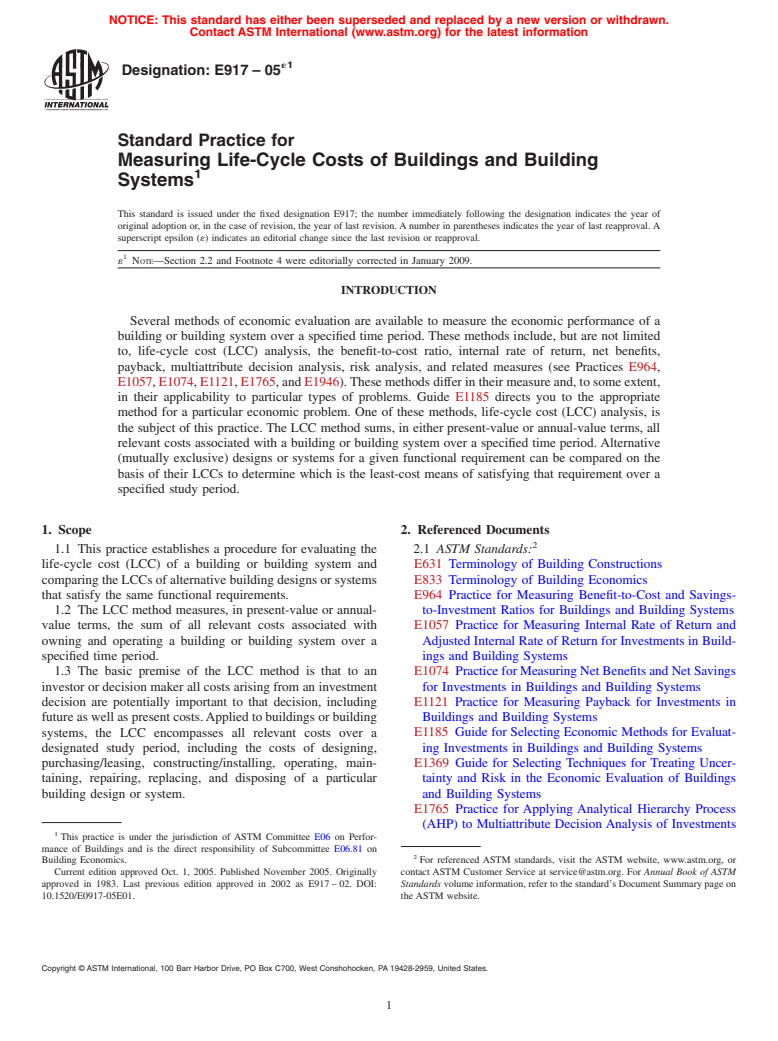 ASTM E917-05e1 - Standard Practice for Measuring Life-Cycle Costs of Buildings and Building Systems