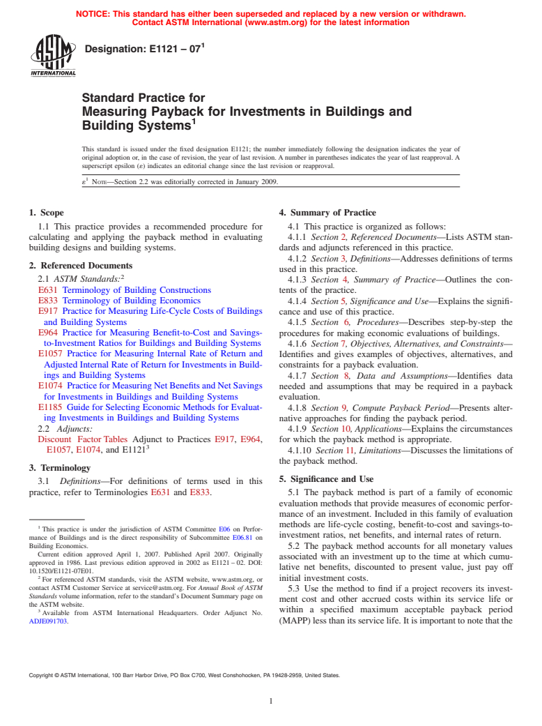 ASTM E1121-07e1 - Standard Practice for Measuring Payback for Investments in Buildings and Building Systems