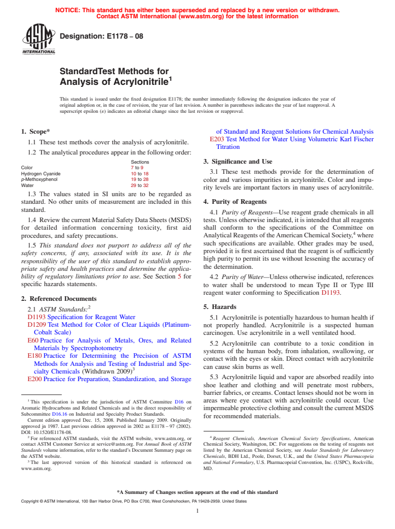 ASTM E1178-08 - Standard Test Methods for Analysis of Acrylonitrile (Withdrawn 2016)