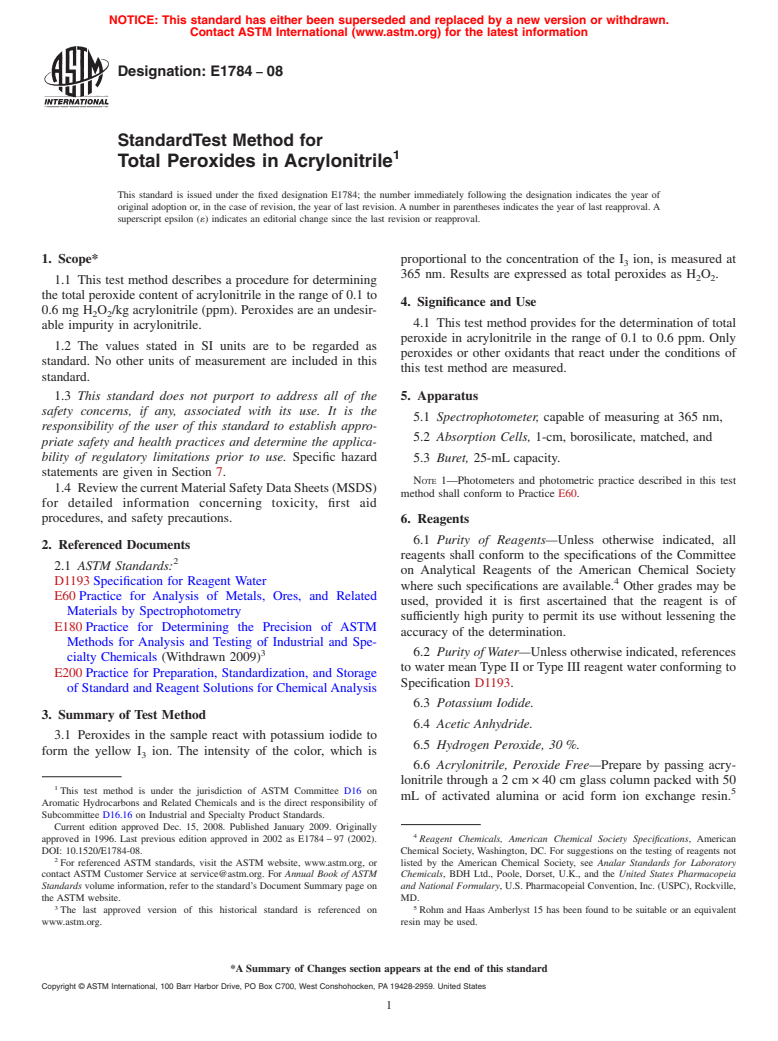 ASTM E1784-08 - Standard Test Method for Total Peroxides in Acrylonitrile (Withdrawn 2016)