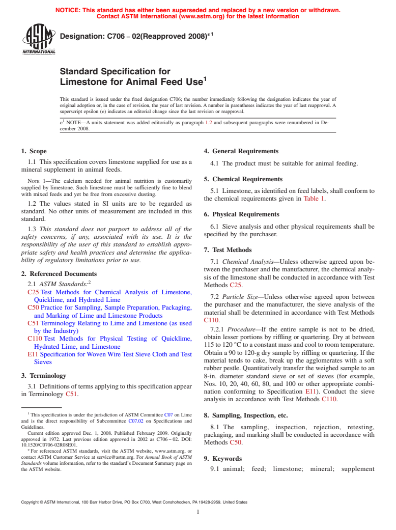ASTM C706-02(2008)e1 - Standard Specification for Limestone for Animal Feed Use