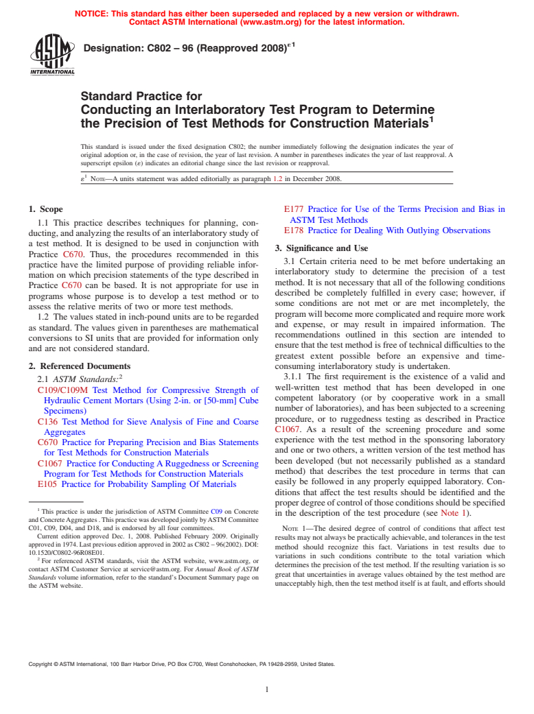 ASTM C802-96(2008)e1 - Standard Practice for Conducting an Interlaboratory Test Program to Determine the Precision of Test Methods for Construction Materials