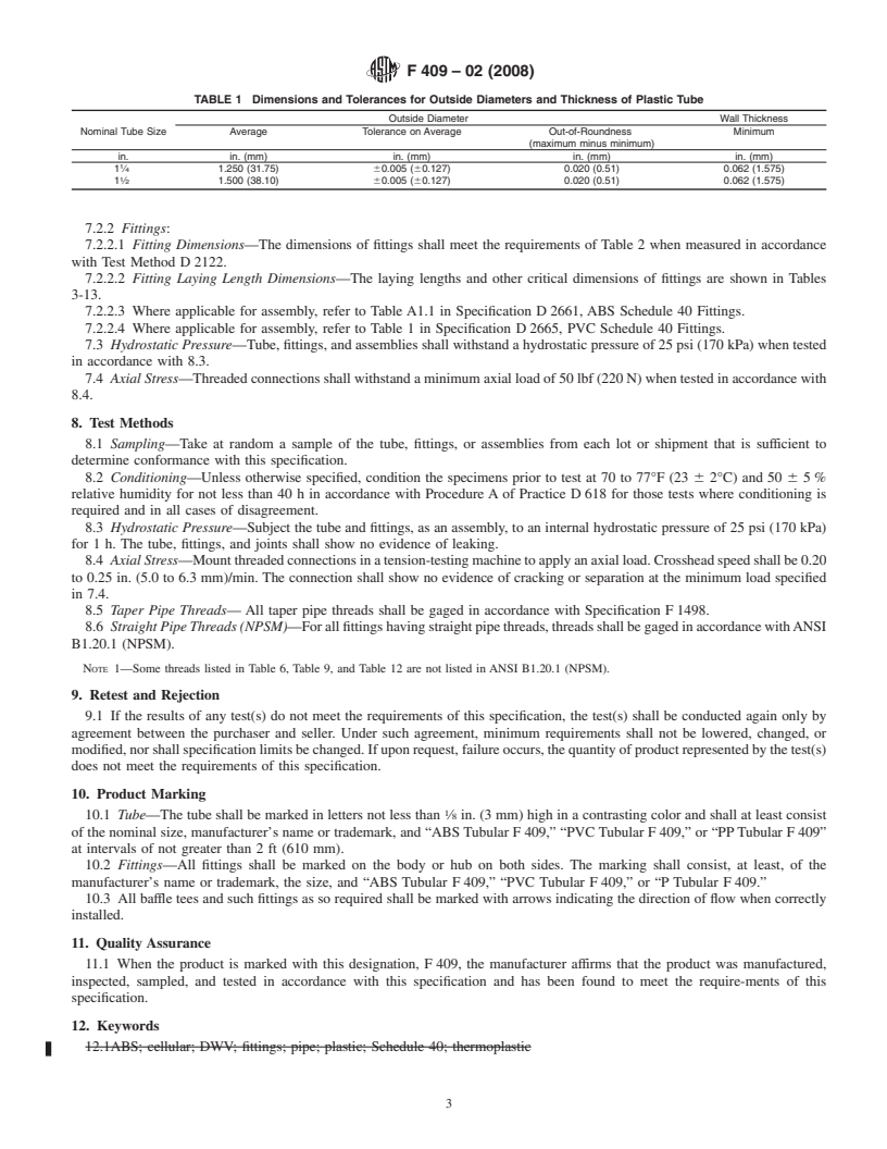 REDLINE ASTM F409-02(2008) - Standard Specification for Thermoplastic Accessible and Replaceable Plastic Tube and Tubular Fittings