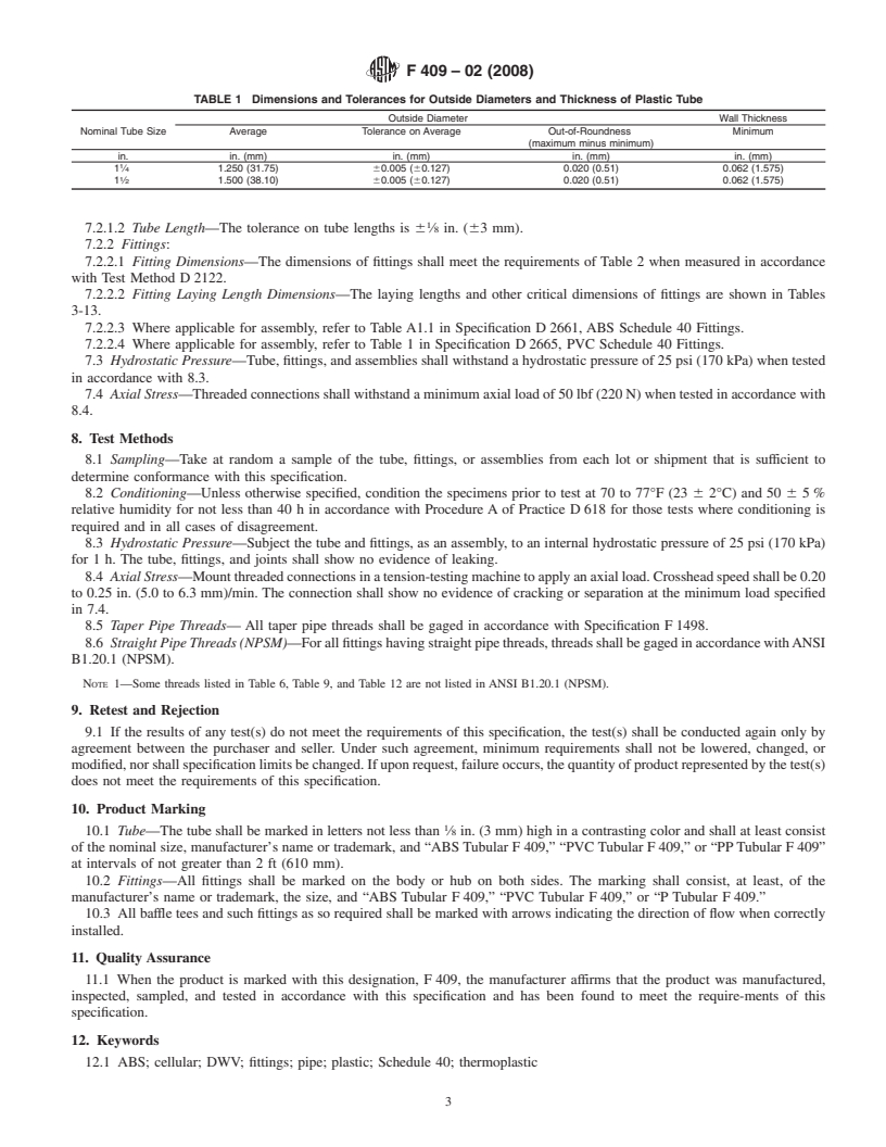 REDLINE ASTM F409-02(2008) - Standard Specification for Thermoplastic Accessible and Replaceable Plastic Tube and Tubular Fittings