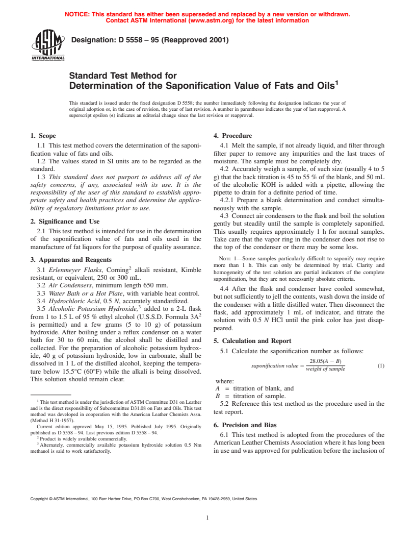 ASTM D5558-95(2001) - Standard Test Method for Determination of the Saponification Value of Fats and Oils