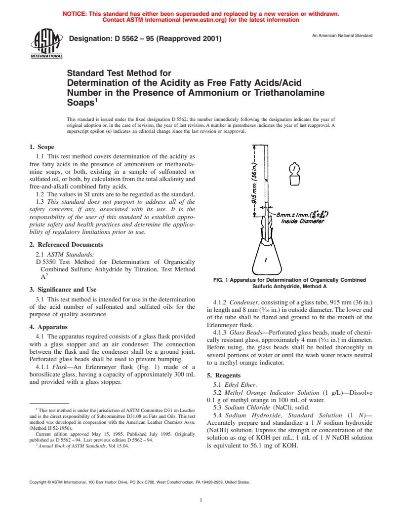 ASTM D5562-95(2001) - Standard Test Method for Determination of the Acidity as Free Fatty Acids/Acid Number in the Presence of Ammonium or Triethanolamine Soaps