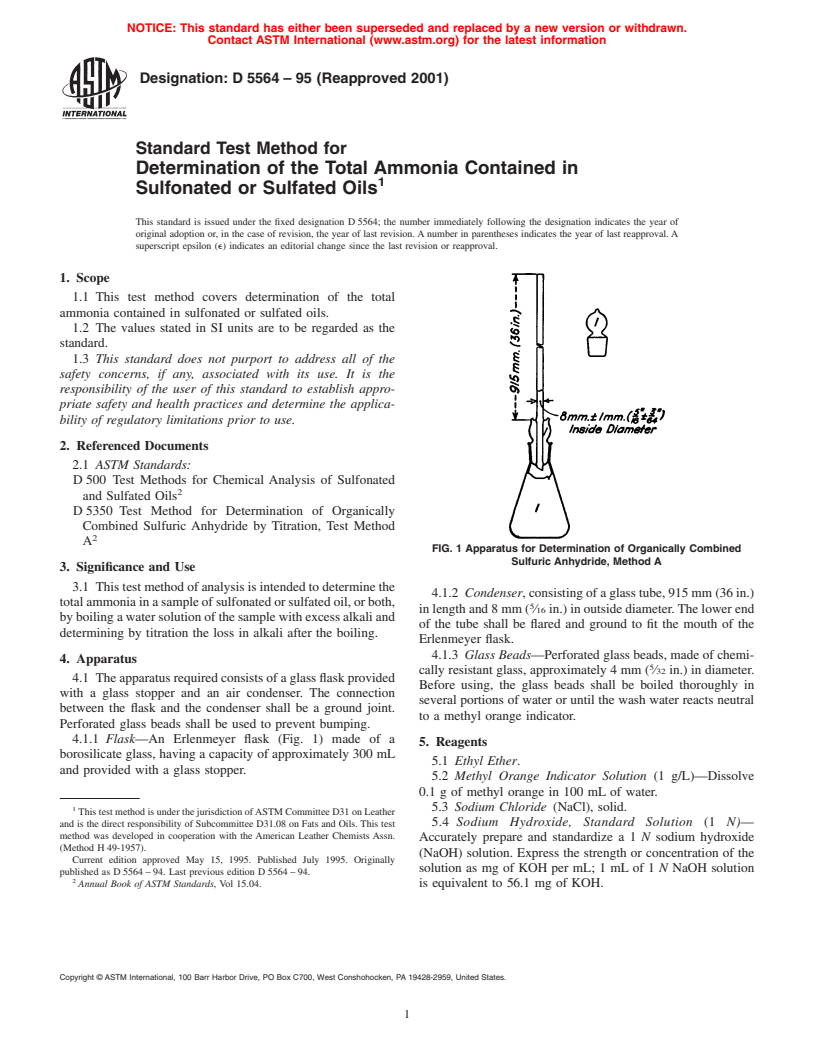 ASTM D5564-95(2001) - Standard Test Method for Determination of the Total Ammonia Contained in Sulfonated or Sulfated Oils