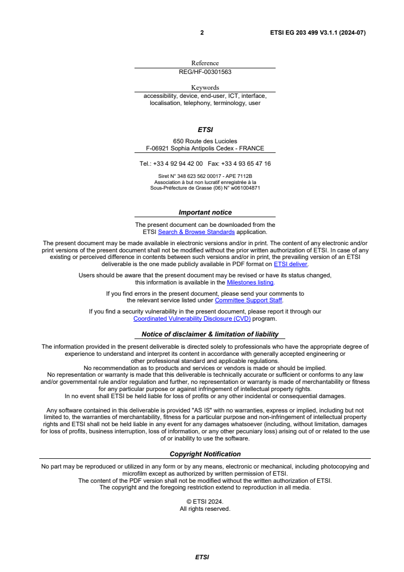 SIST EG 203 499 V3.1.1:2024 ETSI EG 203 499 V3.1.1 (2024-07) - Human Factors (HF); User-centred terminology for existing and upcoming ICT devices, services and applications - Page 2 preview