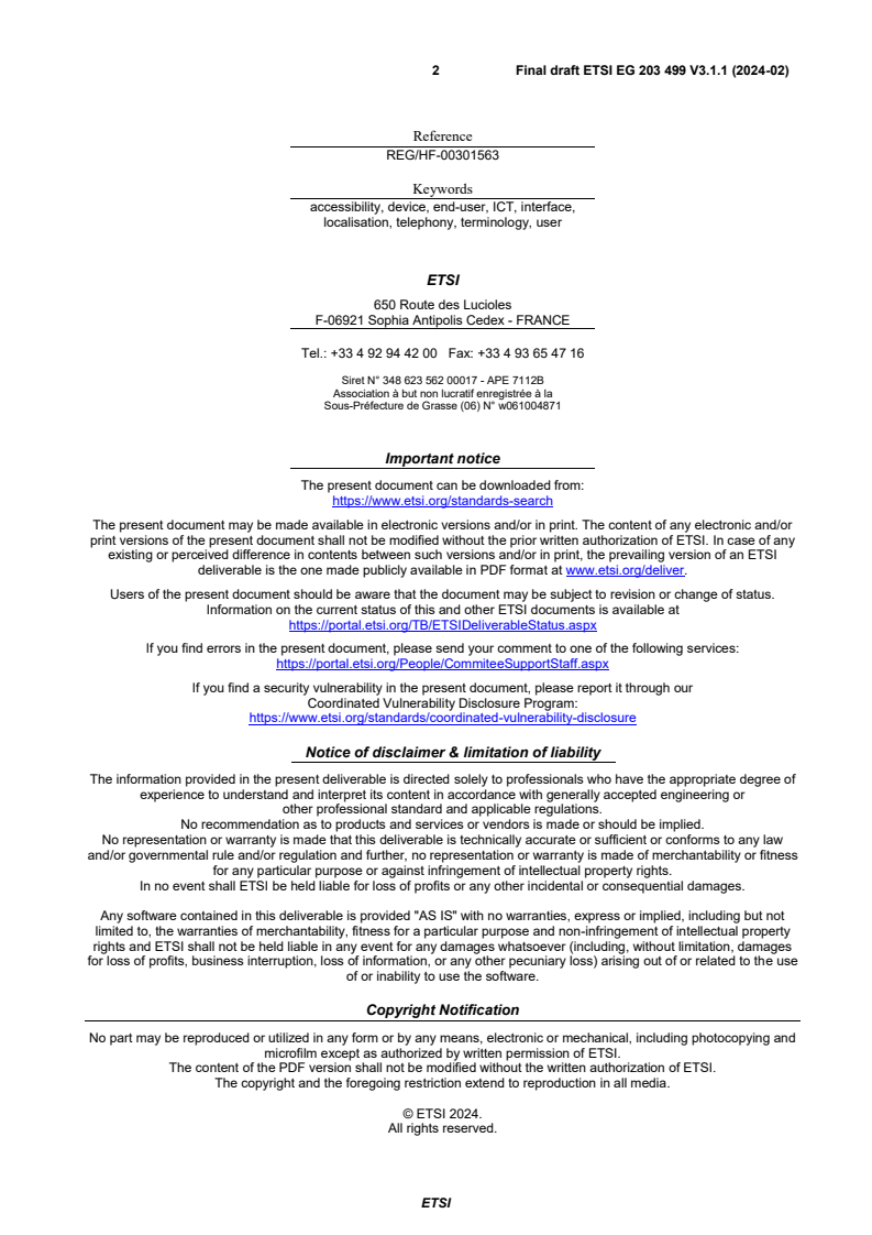 SIST EG 203 499 V3.1.1:2024 ETSI EG 203 499 V3.1.1 (2024-02) - Human Factors (HF); User-centred terminology for existing and upcoming ICT devices, services and applications - Page 2 preview