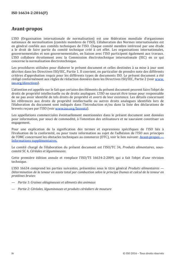 ISO 16634-2:2016 ISO 16634-2:2016 - Produits alimentaires -- Détermination de la teneur en azote total par combustion selon le principe Dumas et calcul de la teneur en protéines brutes - Page 4 preview
