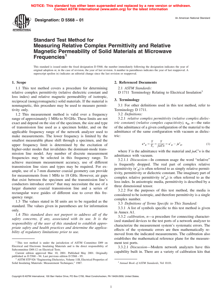 ASTM D5568-01 - Standard Test Method for Measuring Relative Complex Permittivity and Relative Magnetic Permeability of Solid Materials at Microwave Frequencies