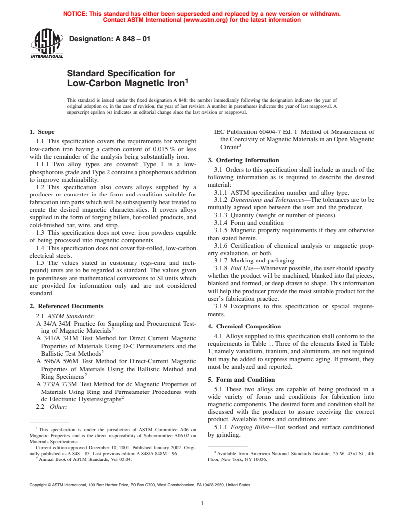 ASTM A848-01 - Standard Specification for Low-Carbon Magnetic Iron