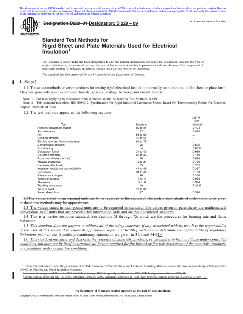 REDLINE ASTM D229-09 - Standard Test Methods for Rigid Sheet and Plate Materials Used for Electrical Insulation