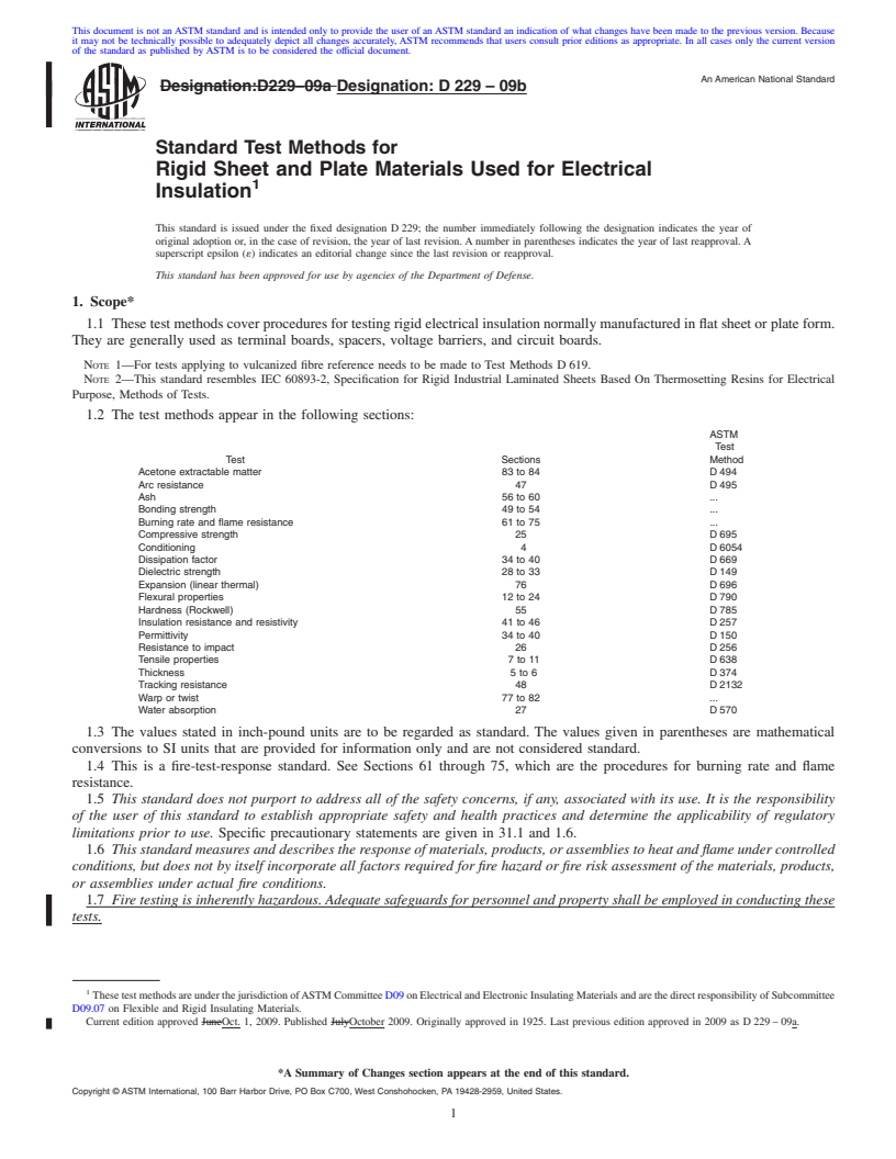 REDLINE ASTM D229-09 - Standard Test Methods for Rigid Sheet and Plate Materials Used for Electrical Insulation