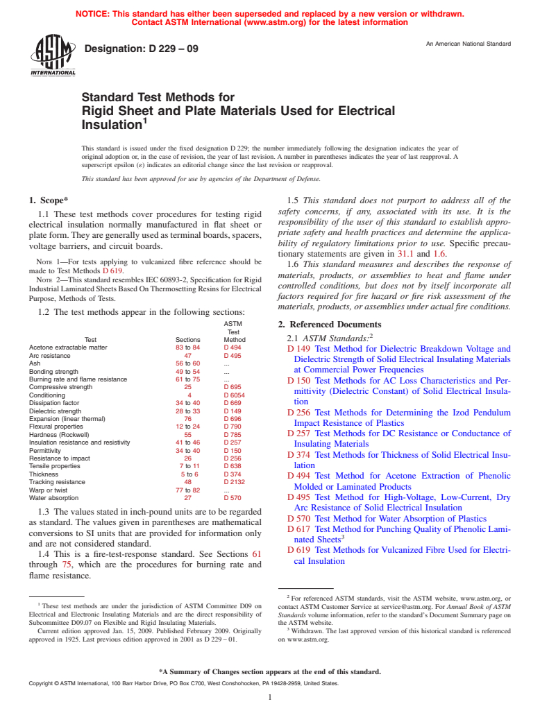 ASTM D229-09 - Standard Test Methods for Rigid Sheet and Plate Materials Used for Electrical Insulation