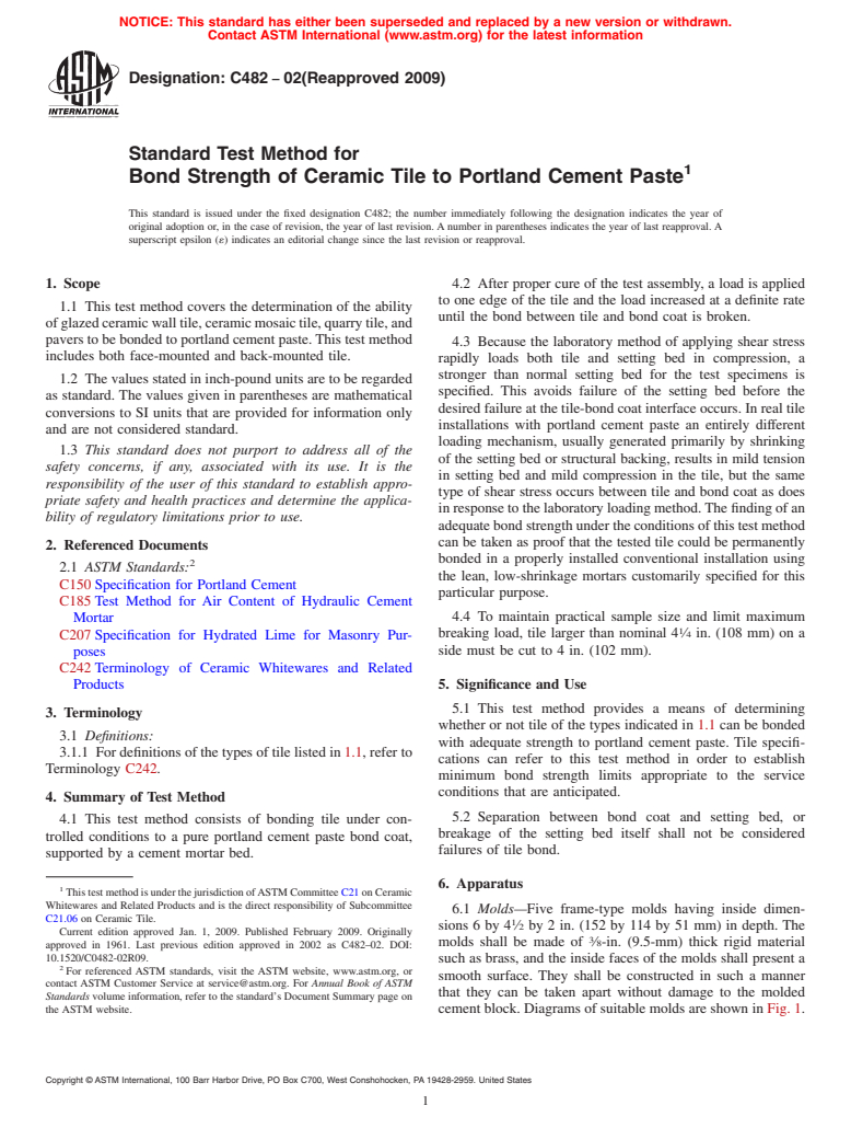 ASTM C482-02(2009) - Standard Test Method for Bond Strength of Ceramic Tile to Portland Cement Paste