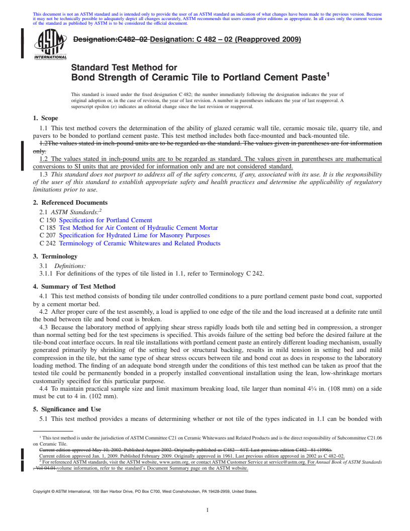 REDLINE ASTM C482-02(2009) - Standard Test Method for Bond Strength of Ceramic Tile to Portland Cement Paste