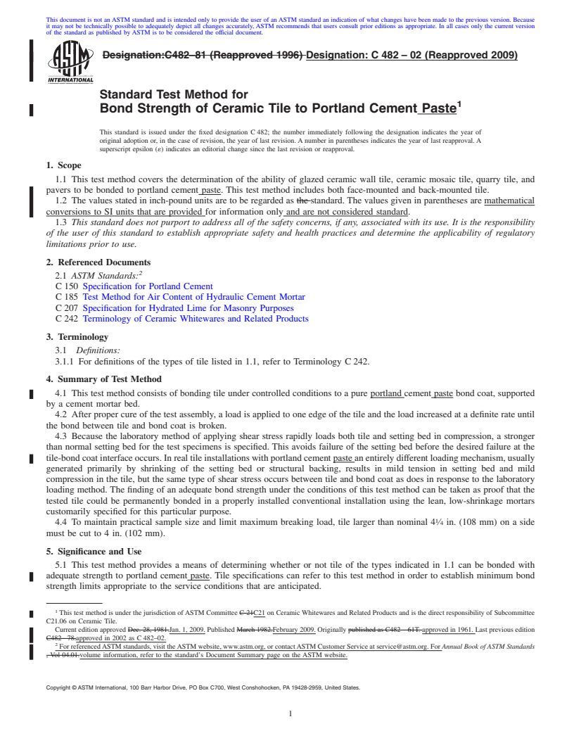 REDLINE ASTM C482-02(2009) - Standard Test Method for Bond Strength of Ceramic Tile to Portland Cement Paste