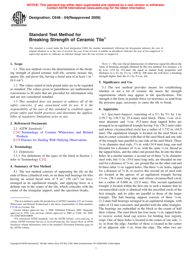 ASTM C648-04(2009) - Standard Test Method for Breaking Strength of Ceramic Tile