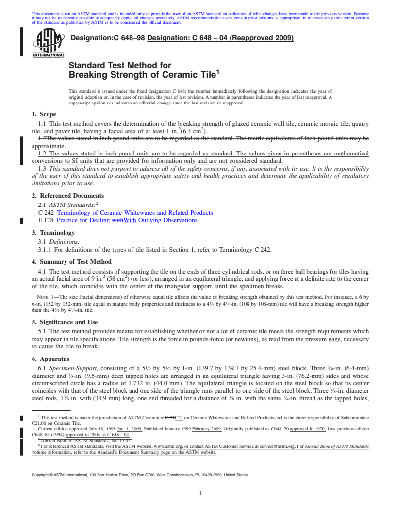 REDLINE ASTM C648-04(2009) - Standard Test Method for Breaking Strength of Ceramic Tile