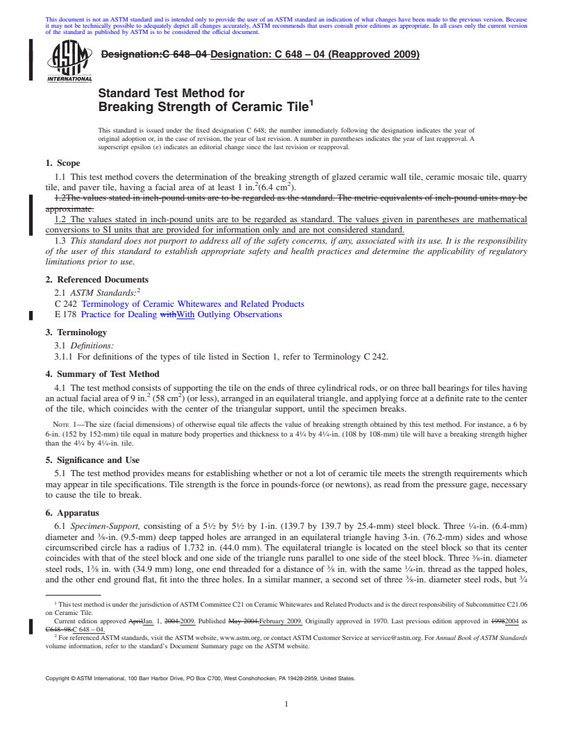 REDLINE ASTM C648-04(2009) - Standard Test Method for Breaking Strength of Ceramic Tile