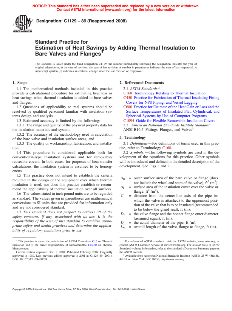 ASTM C1129-89(2008) - Standard Practice for Estimation of Heat Savings by Adding Thermal Insulation to Bare Valves and Flanges