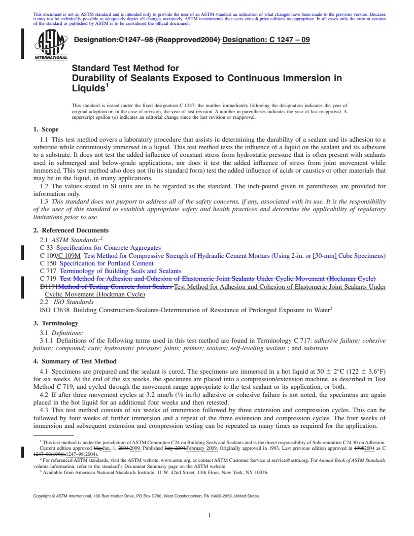 REDLINE ASTM C1247-09 - Standard Test Method for Durability of Sealants Exposed to Continuous Immersion in Liquids