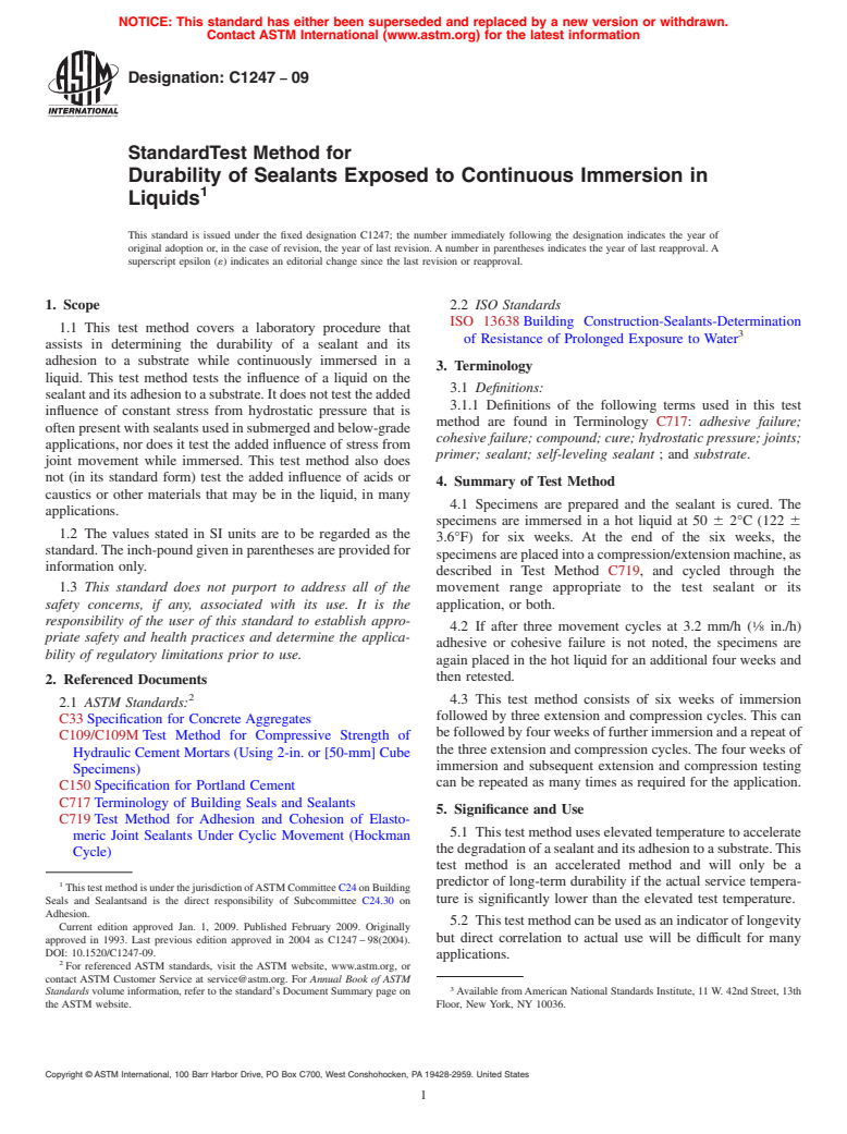 ASTM C1247-09 - Standard Test Method for Durability of Sealants Exposed to Continuous Immersion in Liquids