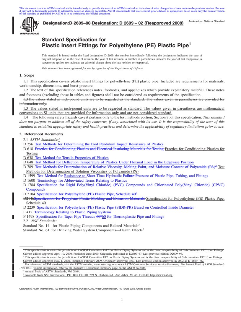 REDLINE ASTM D2609-02(2008) - Standard Specification for Plastic Insert Fittings for Polyethylene (PE) Plastic Pipe