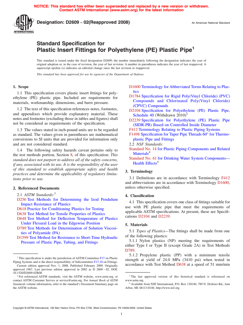 ASTM D2609-02(2008) - Standard Specification for Plastic Insert Fittings for Polyethylene (PE) Plastic Pipe