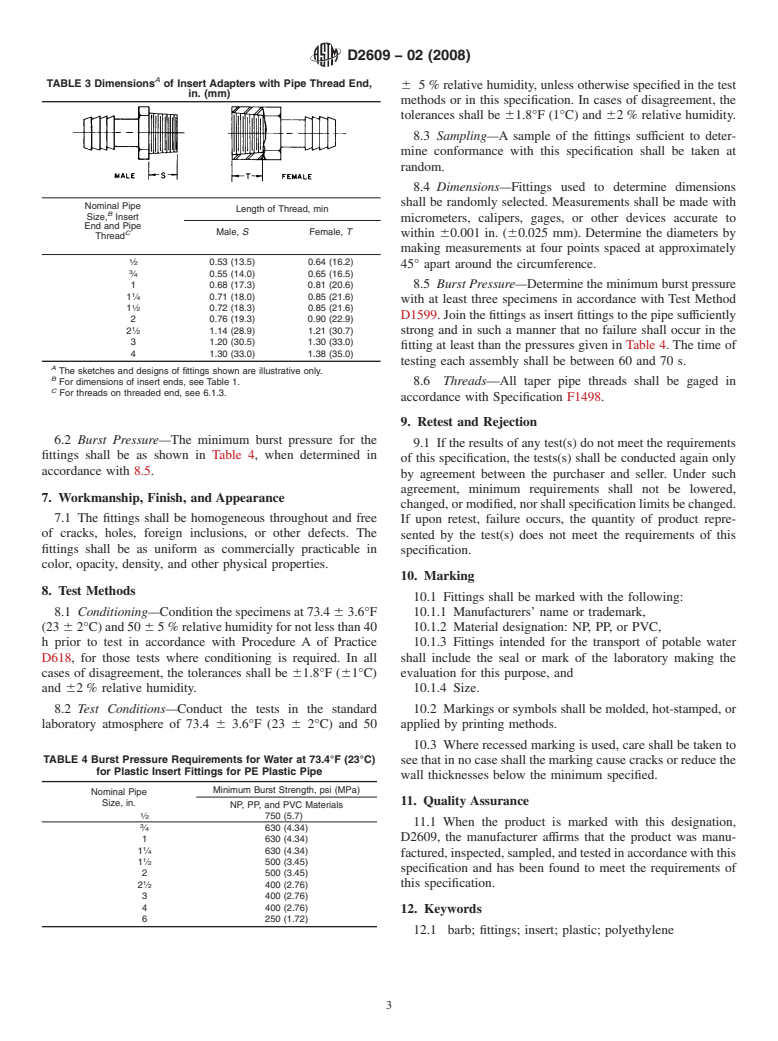 ASTM D2609-02(2008) - Standard Specification for Plastic Insert Fittings for Polyethylene (PE) Plastic Pipe