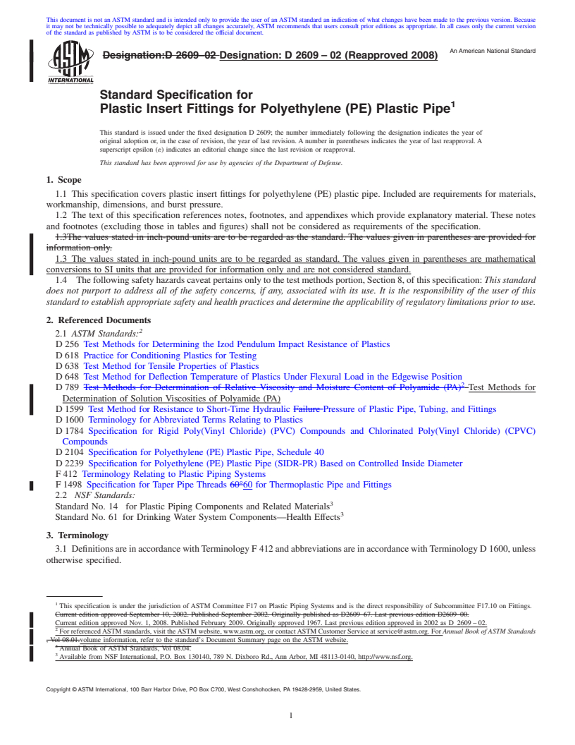 REDLINE ASTM D2609-02(2008) - Standard Specification for Plastic Insert Fittings for Polyethylene (PE) Plastic Pipe