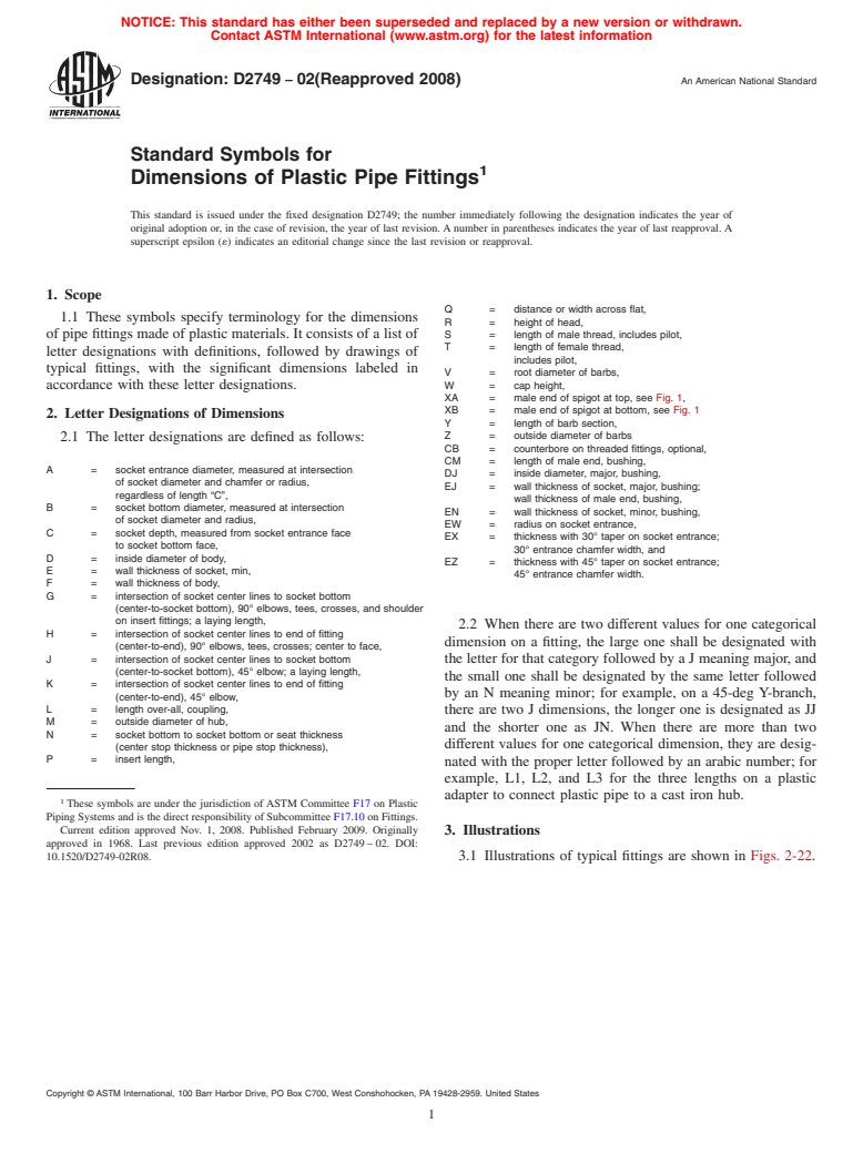 ASTM D2749-02(2008) - Standard Symbols for Dimensions of Plastic Pipe Fittings