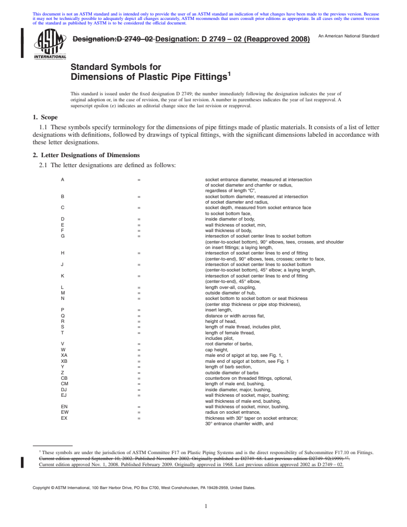 REDLINE ASTM D2749-02(2008) - Standard Symbols for Dimensions of Plastic Pipe Fittings