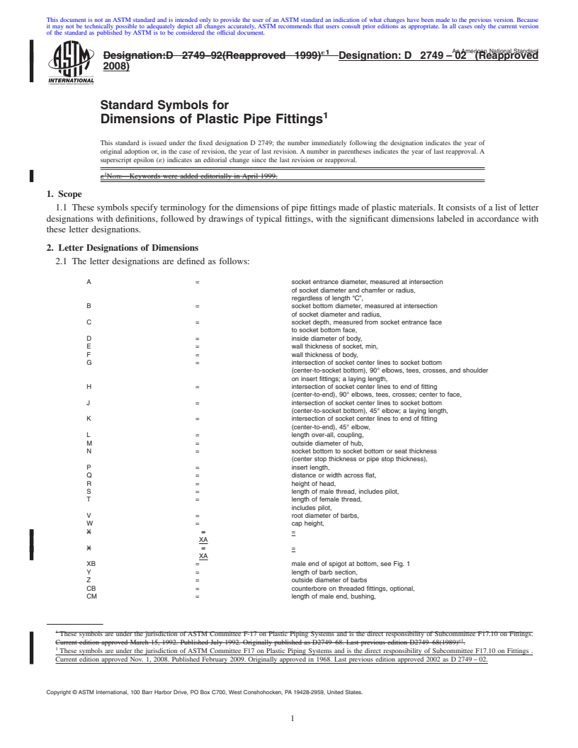 REDLINE ASTM D2749-02(2008) - Standard Symbols for Dimensions of Plastic Pipe Fittings