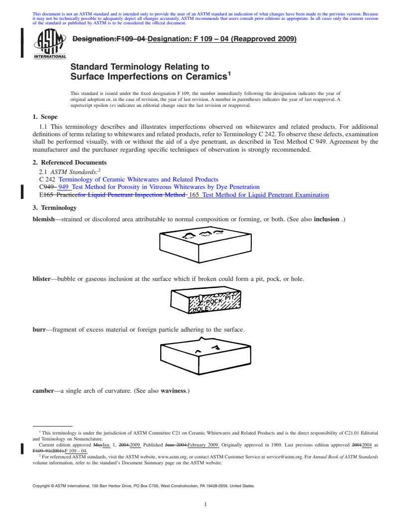 REDLINE ASTM F109-04(2009) - Standard Terminology Relating to Surface Imperfections on Ceramics