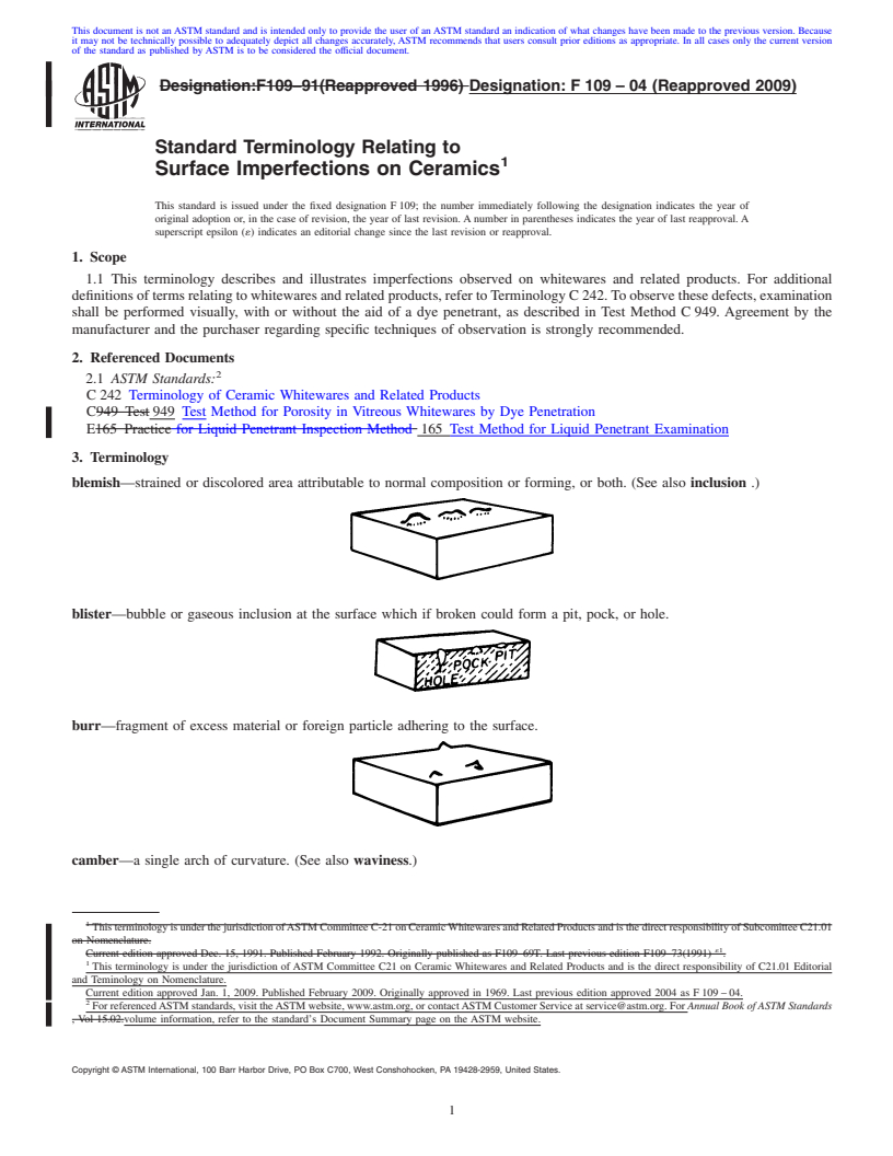 REDLINE ASTM F109-04(2009) - Standard Terminology Relating to Surface Imperfections on Ceramics