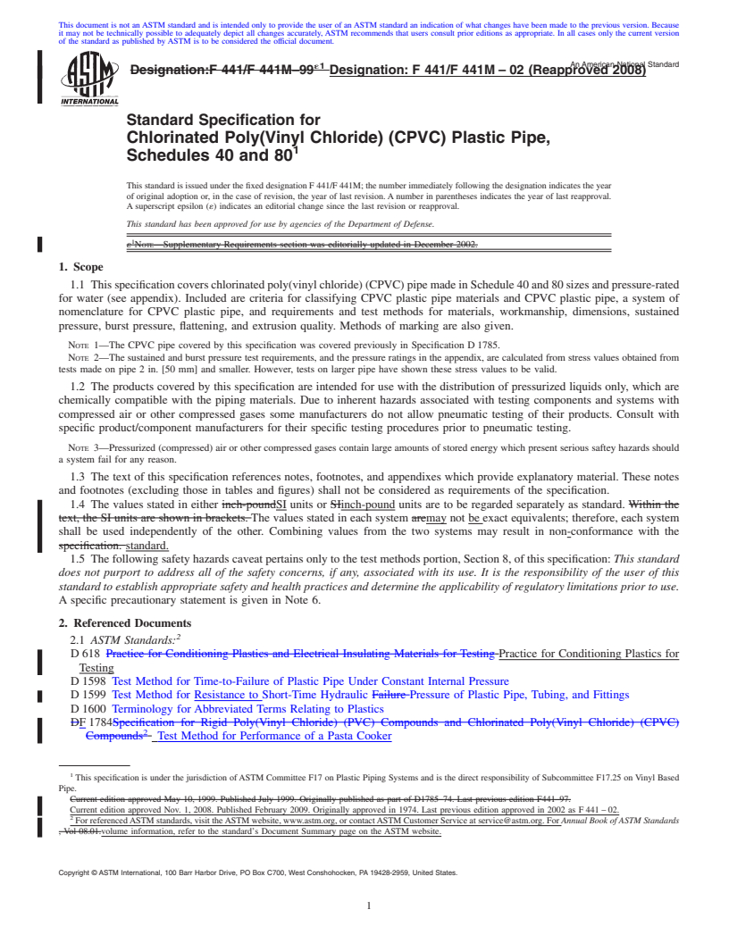 REDLINE ASTM F441/F441M-02(2008) - Standard Specification for Chlorinated Poly(Vinyl Chloride) (CPVC) Plastic Pipe, Schedules 40 and 80