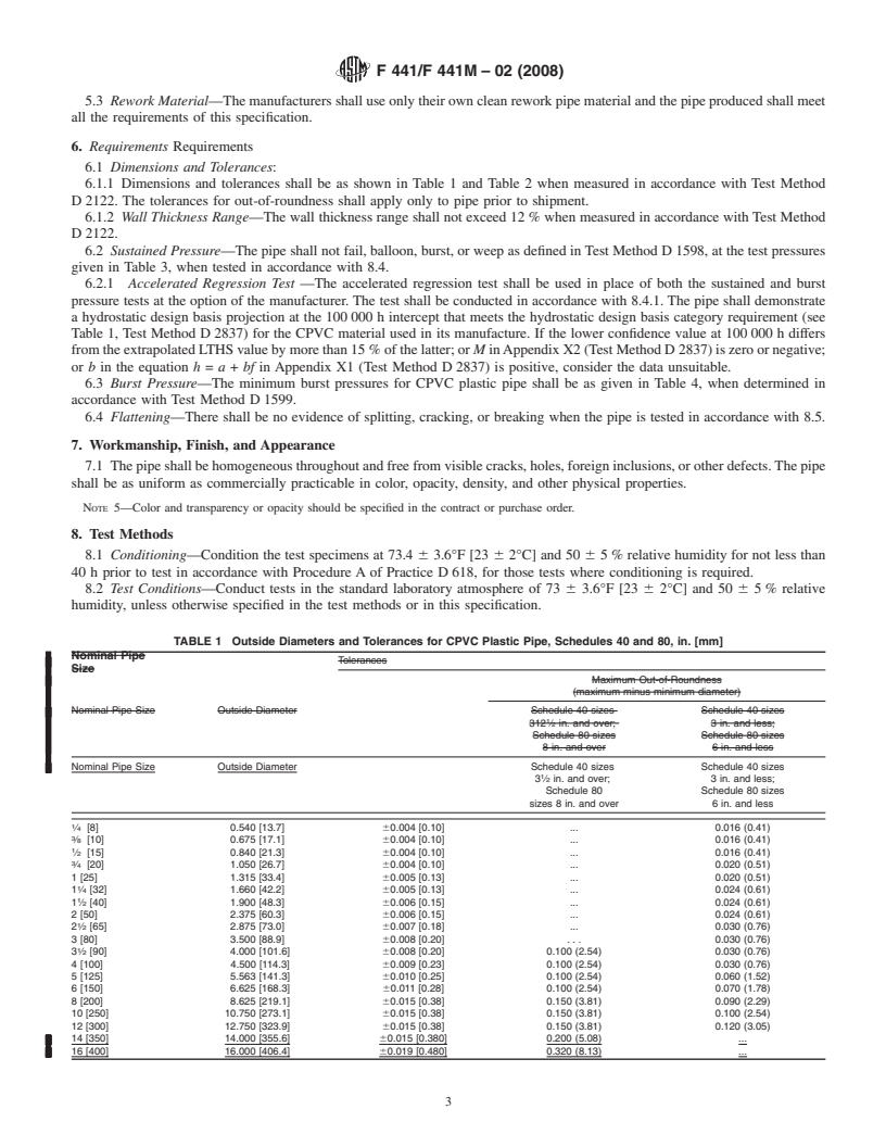 REDLINE ASTM F441/F441M-02(2008) - Standard Specification for Chlorinated Poly(Vinyl Chloride) (CPVC) Plastic Pipe, Schedules 40 and 80