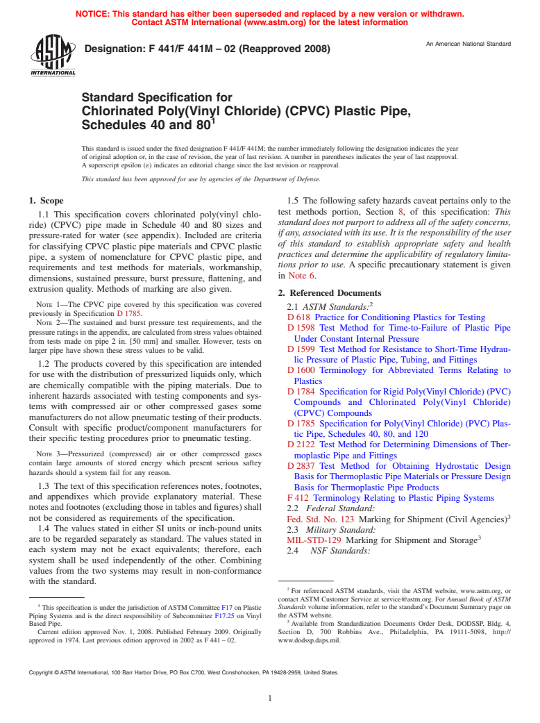 ASTM F441/F441M-02(2008) - Standard Specification for Chlorinated Poly(Vinyl Chloride) (CPVC) Plastic Pipe, Schedules 40 and 80