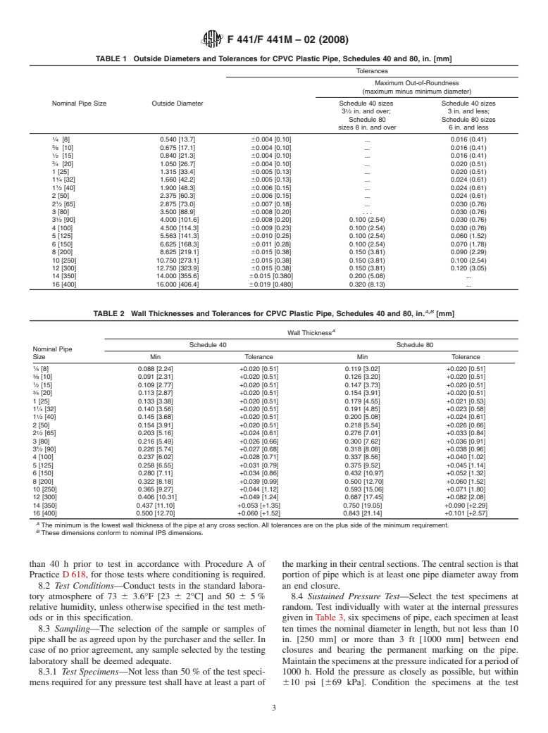 ASTM F441/F441M-02(2008) - Standard Specification for Chlorinated Poly(Vinyl Chloride) (CPVC) Plastic Pipe, Schedules 40 and 80