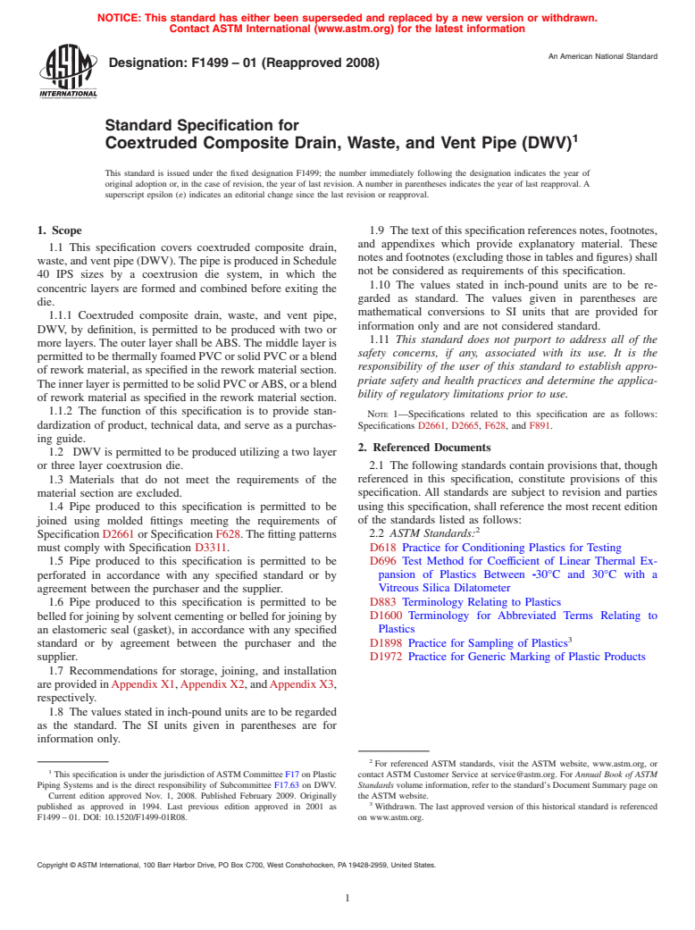 ASTM F1499-01(2008) - Standard Specification for Coextruded Composite Drain, Waste, and Vent Pipe (DWV)