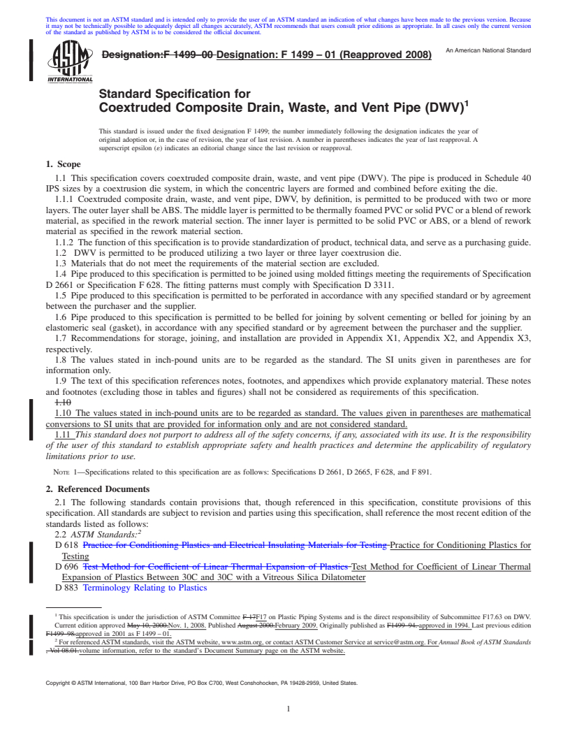 REDLINE ASTM F1499-01(2008) - Standard Specification for Coextruded Composite Drain, Waste, and Vent Pipe (DWV)