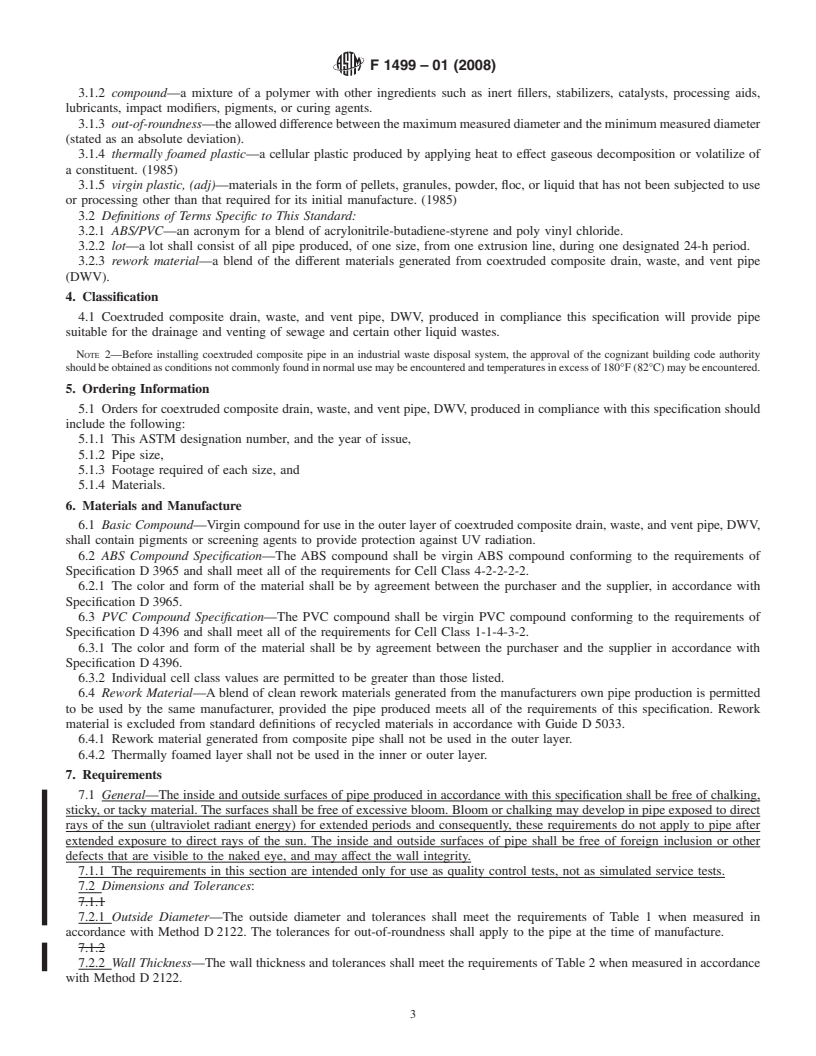 REDLINE ASTM F1499-01(2008) - Standard Specification for Coextruded Composite Drain, Waste, and Vent Pipe (DWV)