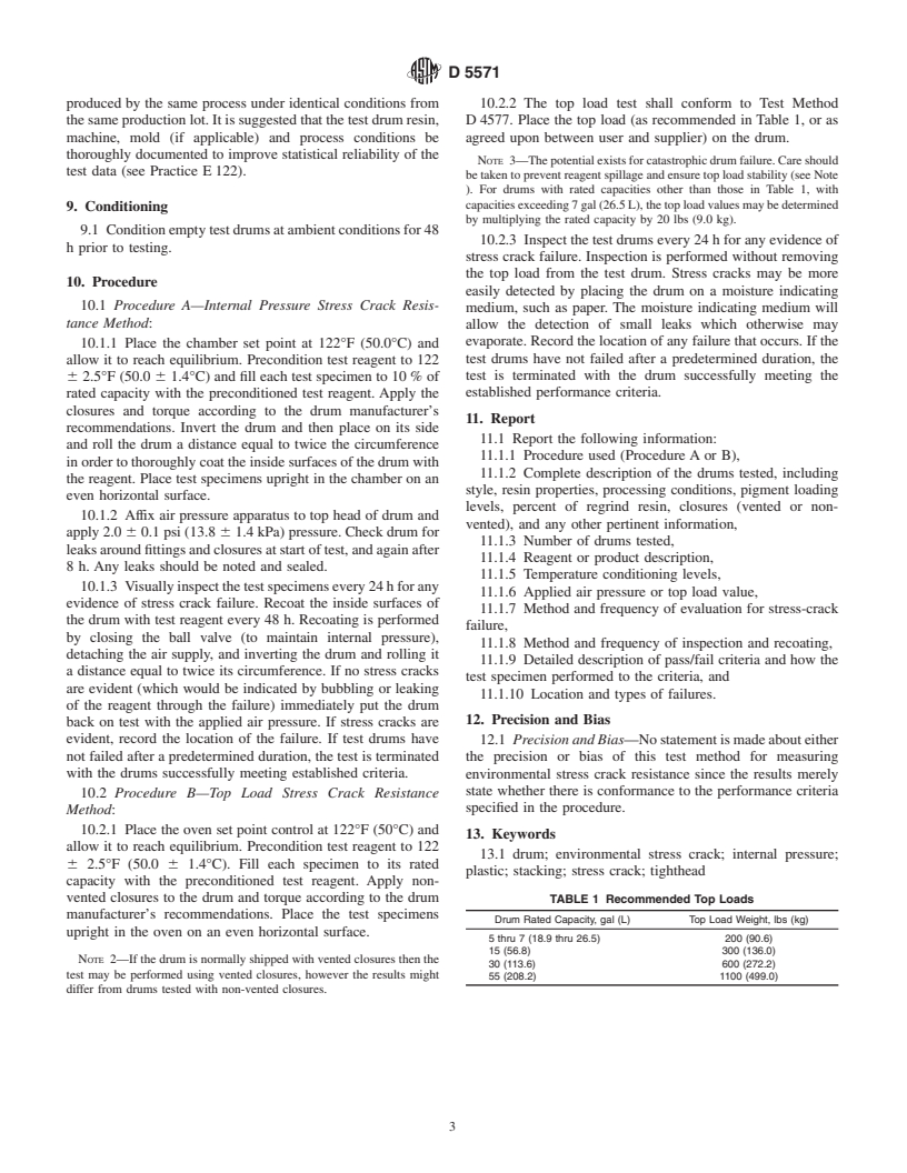 ASTM D5571-94(2001)e1 - Standard Test Method for Environmental Stress Crack Resistance (ESCR) of Plastic Tighthead Drums Not Exceeding 60 Gal (227 L) in Rated Capacity