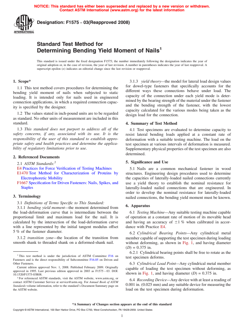 ASTM F1575-03(2008) - Standard Test Method for Determining Bending Yield Moment of Nails