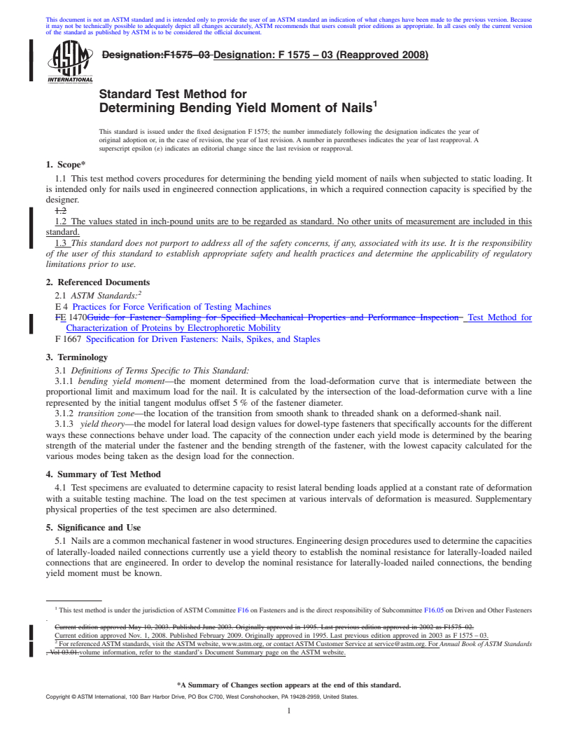 REDLINE ASTM F1575-03(2008) - Standard Test Method for Determining Bending Yield Moment of Nails