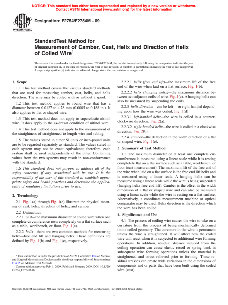 ASTM F2754/F2754M-09 - Standard Test Method for Measurement of Camber, Cast, Helix and Direction of Helix of Coiled Wire