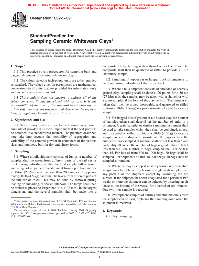 ASTM C322-09 - Standard Practice for Sampling Ceramic Whiteware Clays